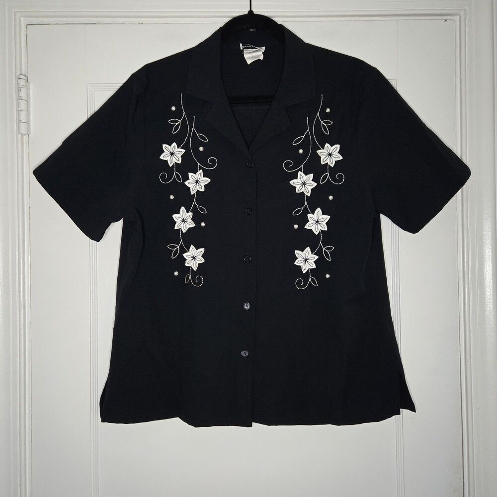 BonWorth Embroidered Button Up Blouse Petite S Pearl Accent Womens